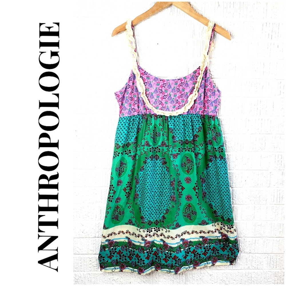 Anthropologie Pink and Green Mini Dress